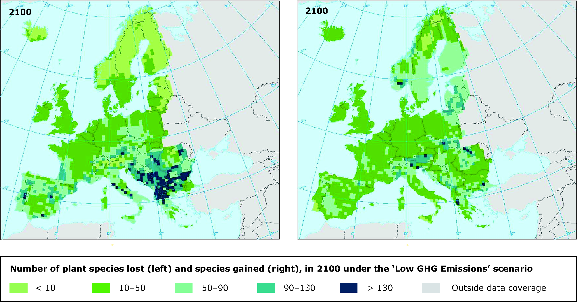 Impact of climate change on number of plant species (in 2100 under the 'Low GHG emissions' scenario)