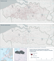 Increase in built area in Flanders between 2020-2050 in ‘business-as-usual’ scenario (above), as compared to if the policy is adopted (below)