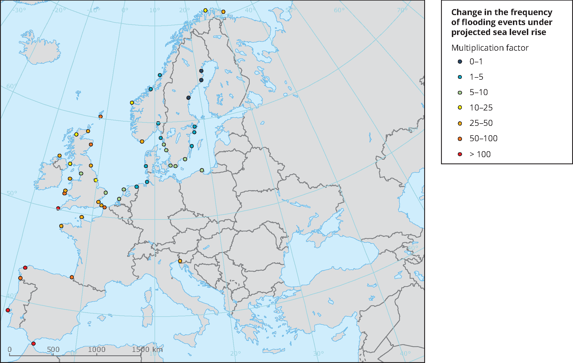 Change in the frequency of flooding events under projected sea level rise