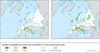 Landslide susceptibility for weather induced landslides: ICG (left) and b) JRC models (right)