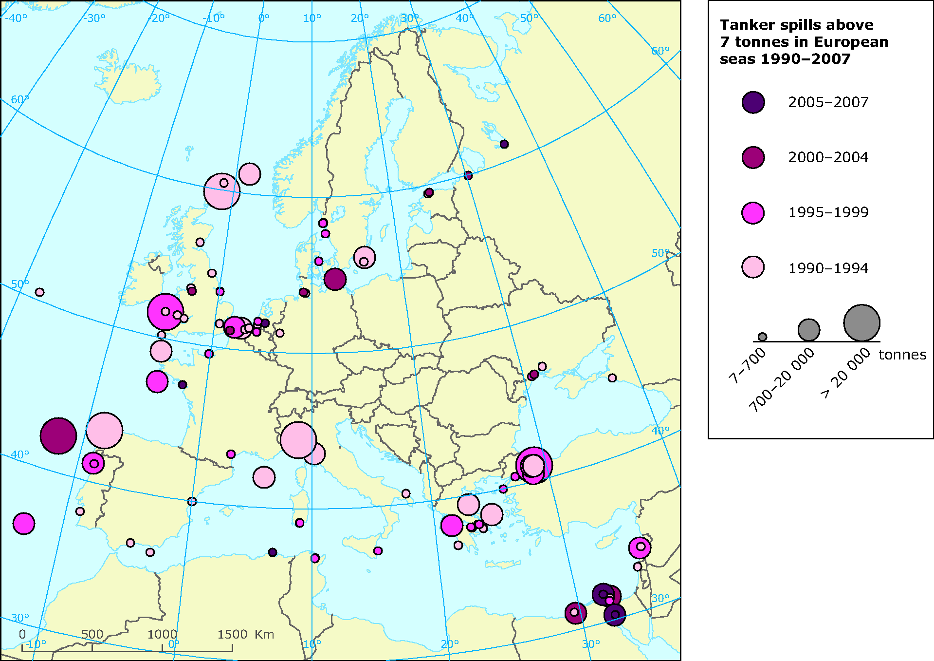 Large (> 7 tonnes) tanker spills in European waters 1990-2007