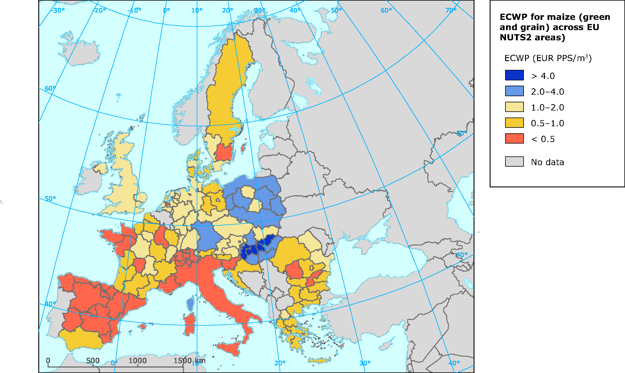 ECWP (in € PPS/m3) for maize (green and grain) across EU NUTS2 areas