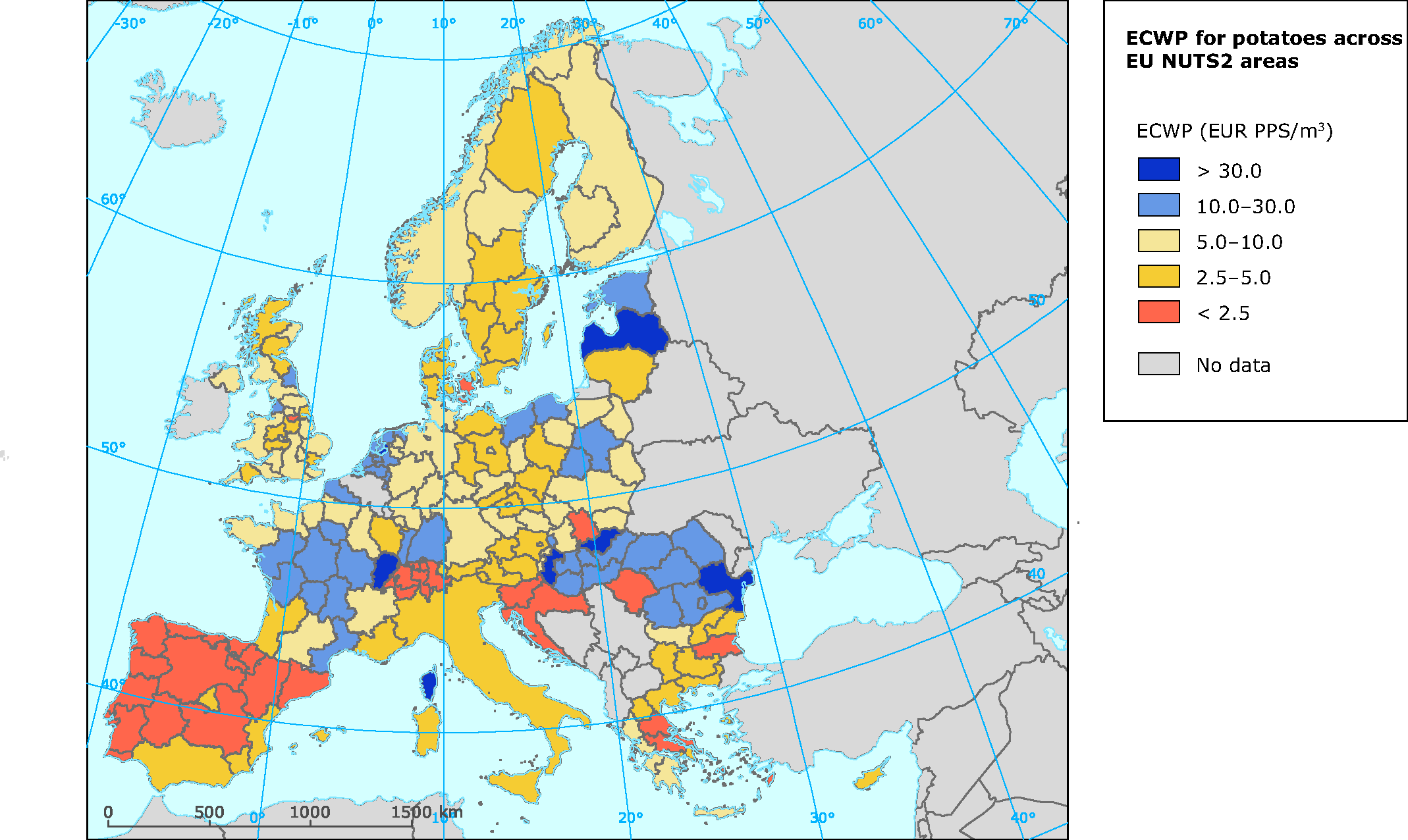 ECWP (in € PPS/m3) potatoes across EU NUTS2 areas