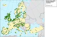 Map of distribution of Ramsar sites within the EEA member countries (open circles), indicating sites designated to protect threatened species (green)