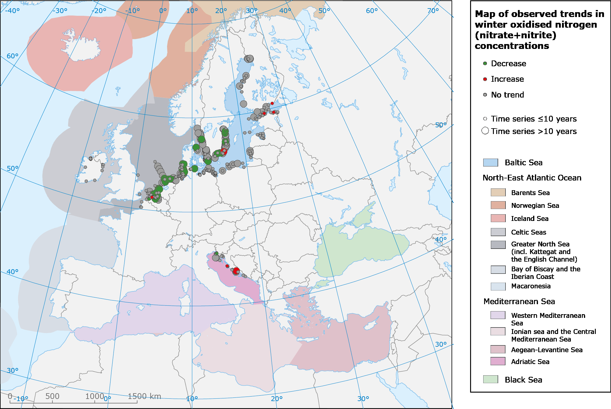 Trends per station in oxidised nitrogen concentrations in European seas