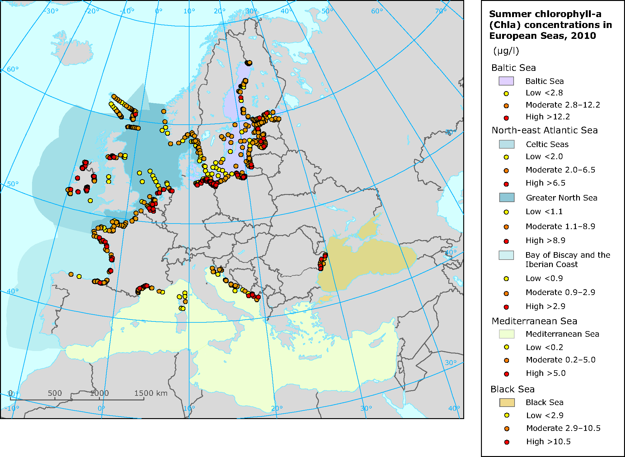Chlorophyll-a concentrations in European seas in 2010