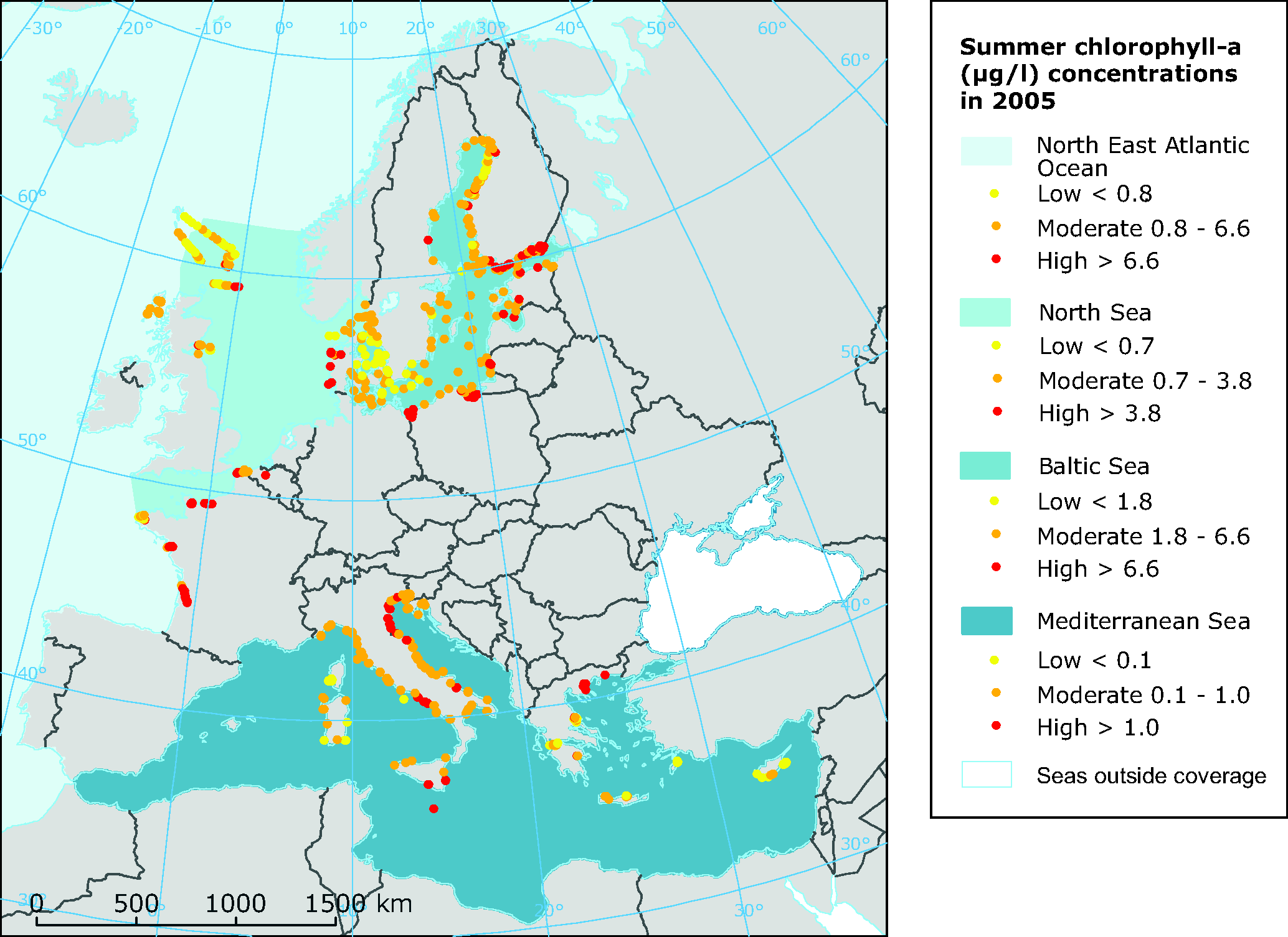 Map of summer chlorophyll-a concentrations observed in 2005