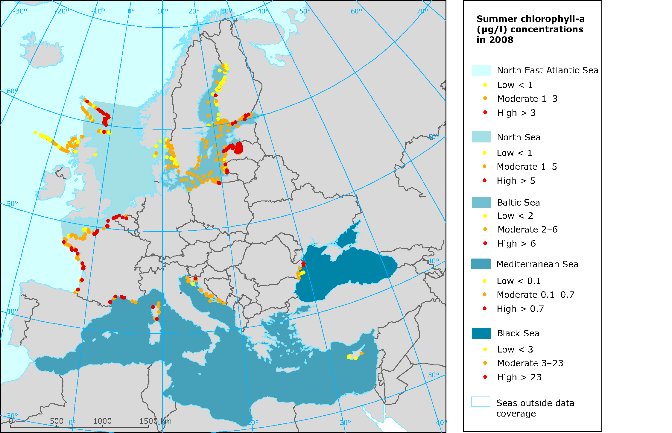 Chlorophyll-a concentrations in European seas, 2008