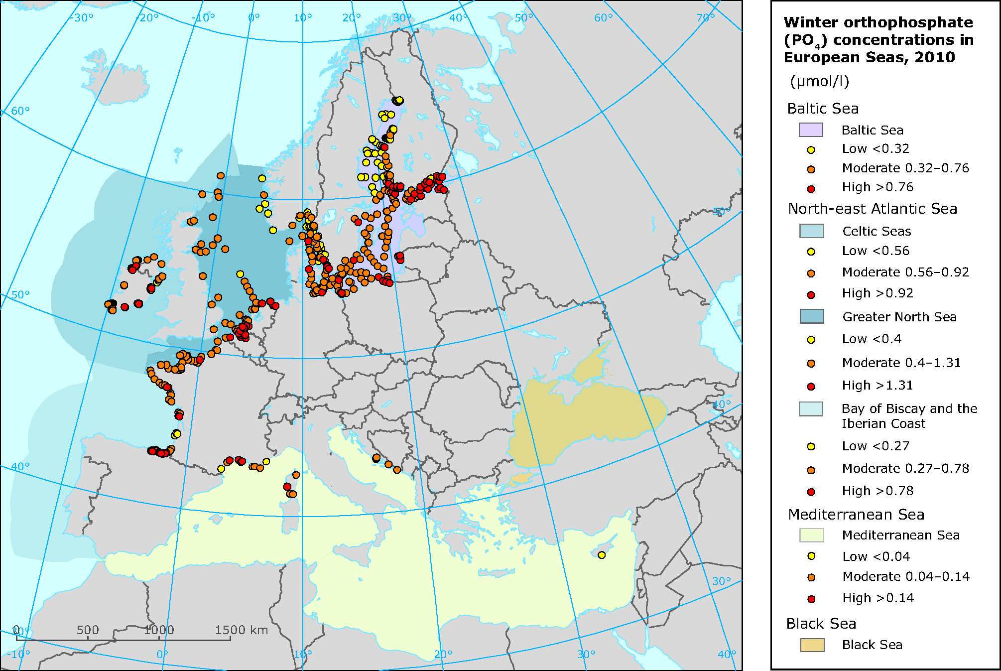 Winter orthophosphate concentrations in European seas in 2010