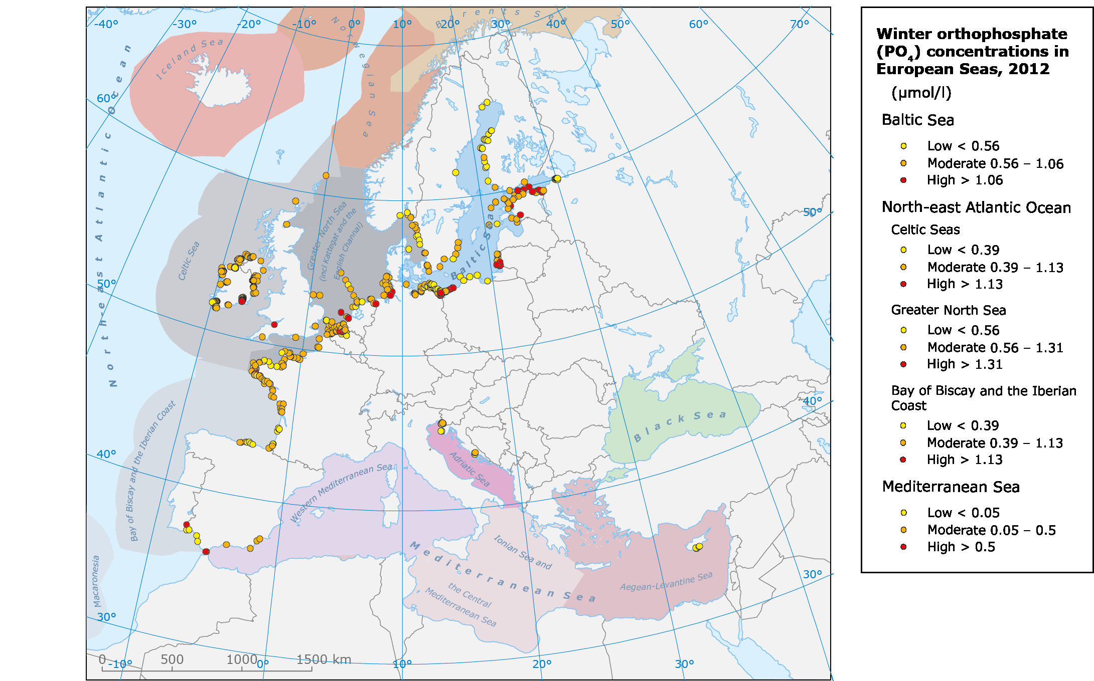 Orthophosphate concentrations in European seas