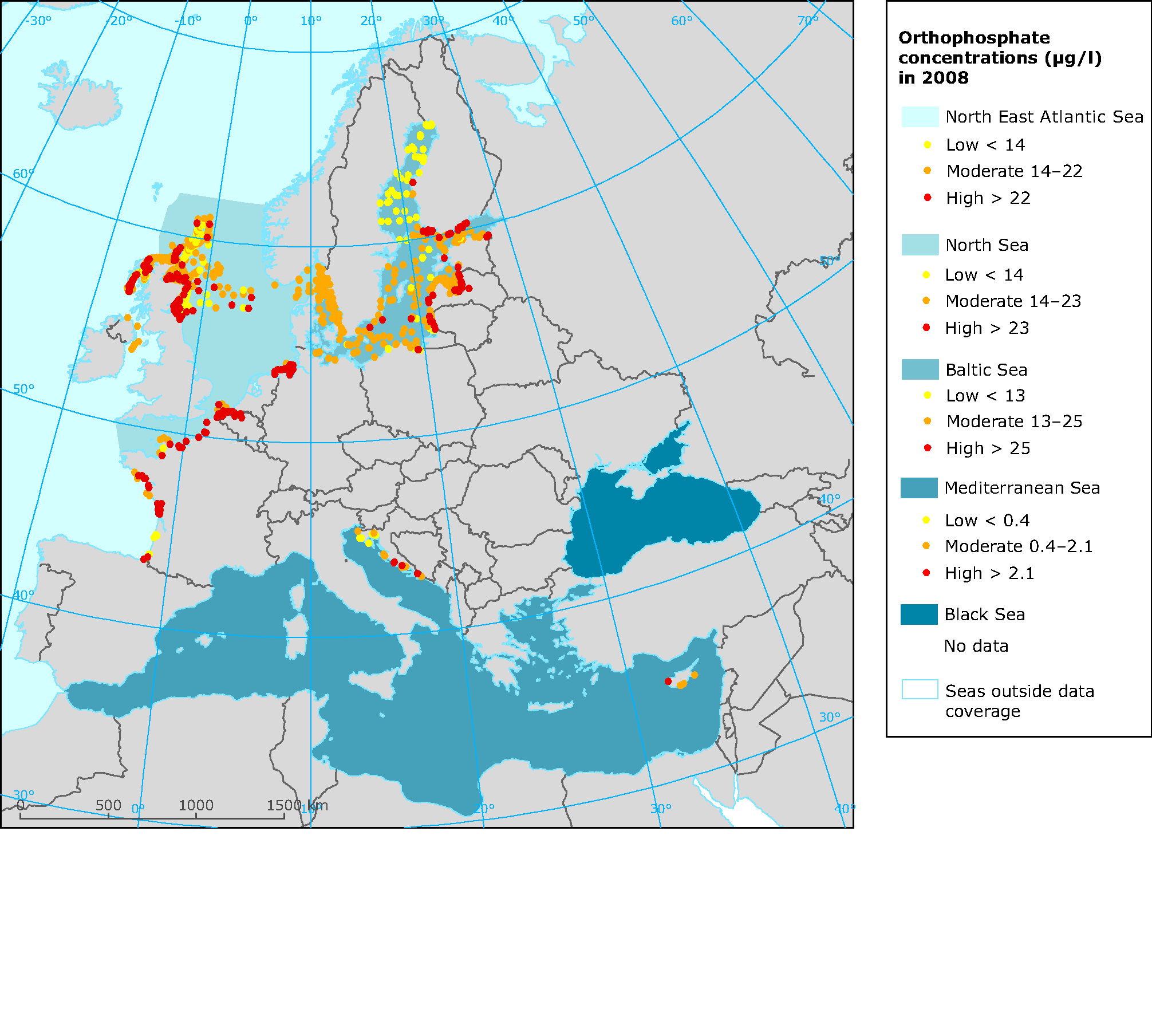 Winter orthophosphate concentrations in European seas in 2008