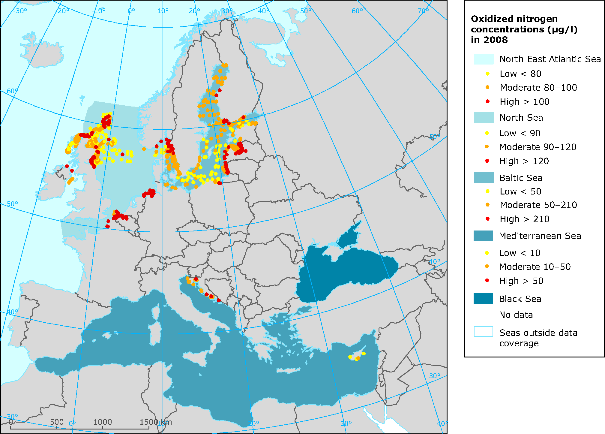 Winter oxidized nitrogen (NO2 + NO3) concentrations in European seas in 2008