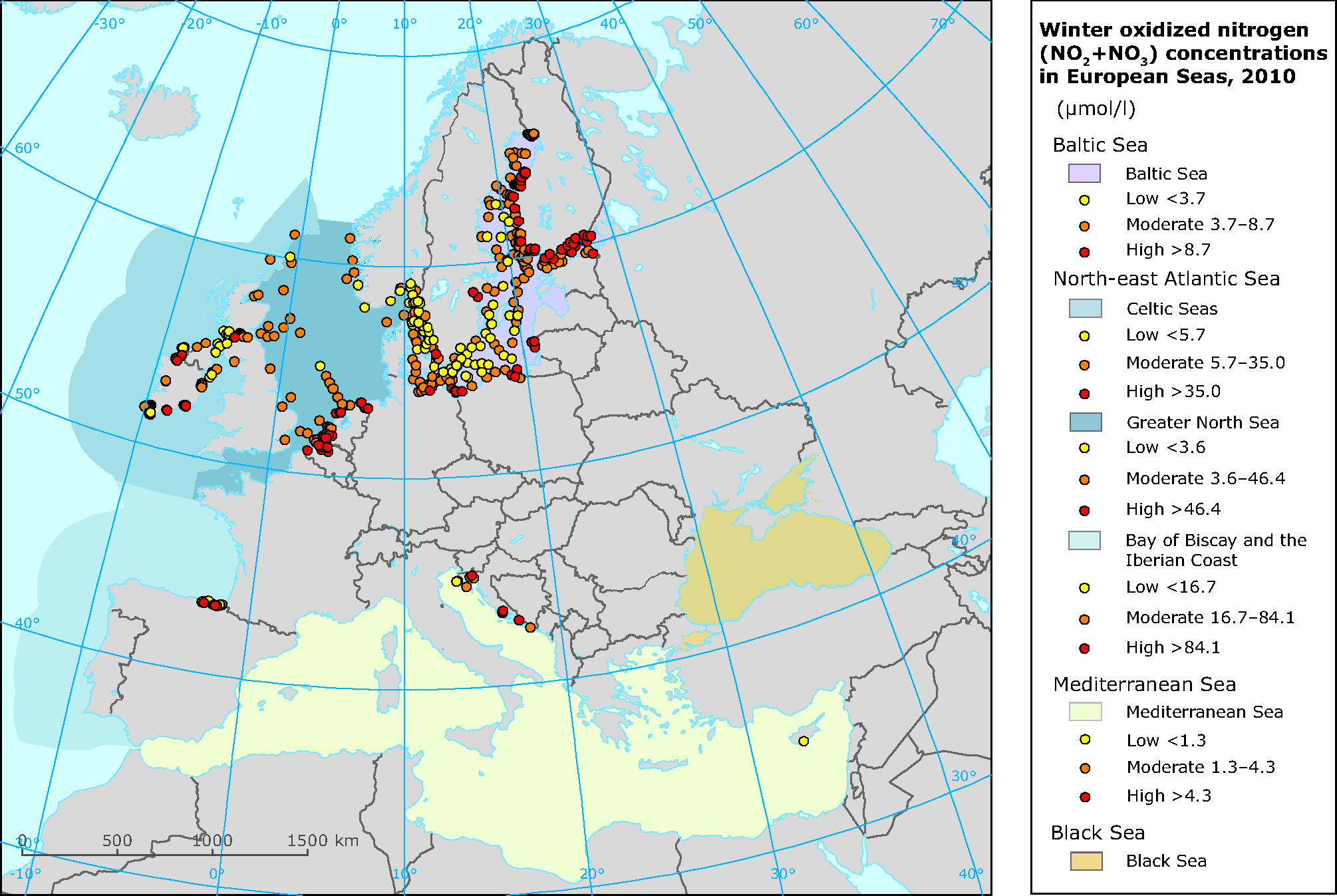 Winter oxidized nitrogen (NO2 + NO3) concentrations in European seas in 2010