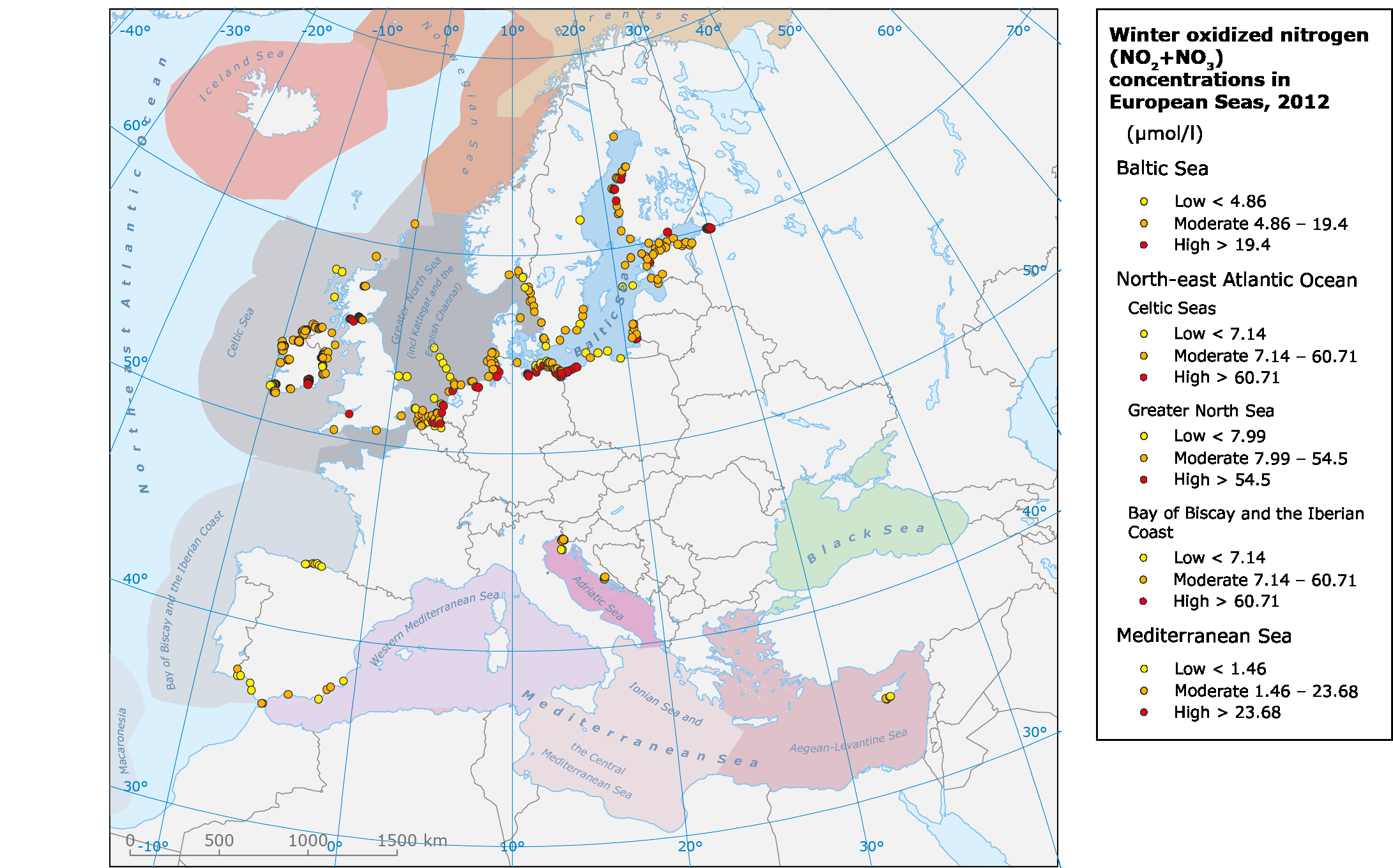 Oxidised nitrogen concentrations in European seas