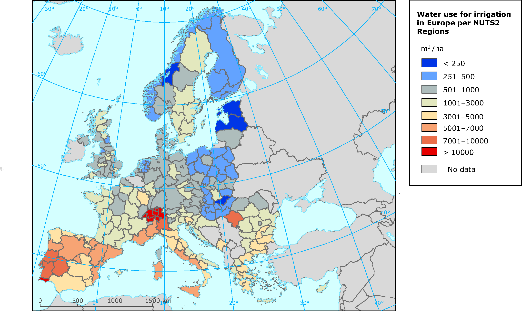 Water Used for Irrigation in Europe per NUTS2 Regions (m3/ha)