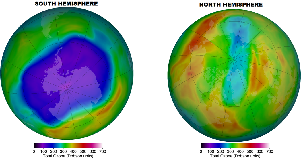 Maximum historical depletion over the south hemisphere (24 September 2006) and over the North hemisphere (15 March 2011)