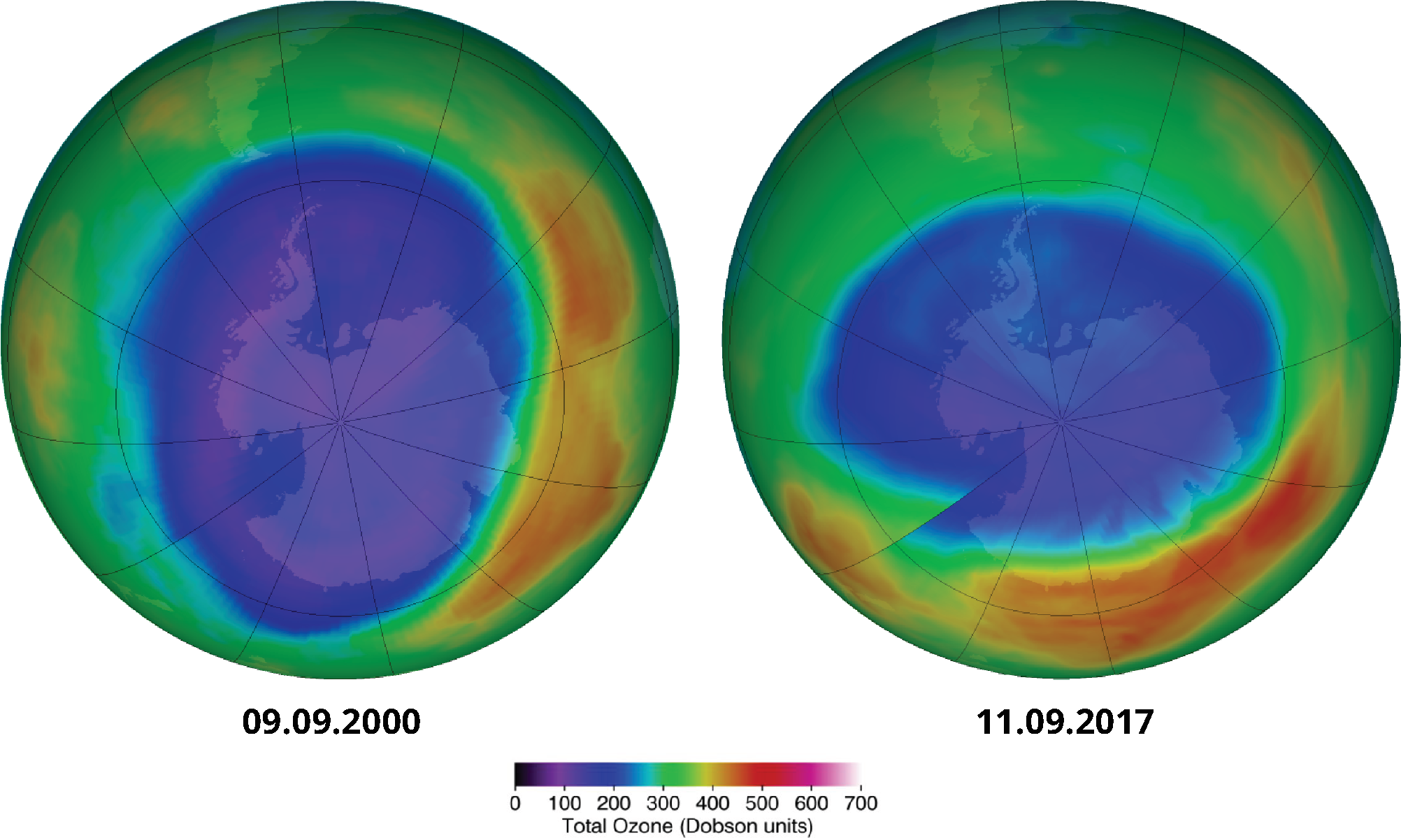 Maximum ozone hole area over the southern hemisphere, historically (9 September 2000) and currently (11 September 2017)