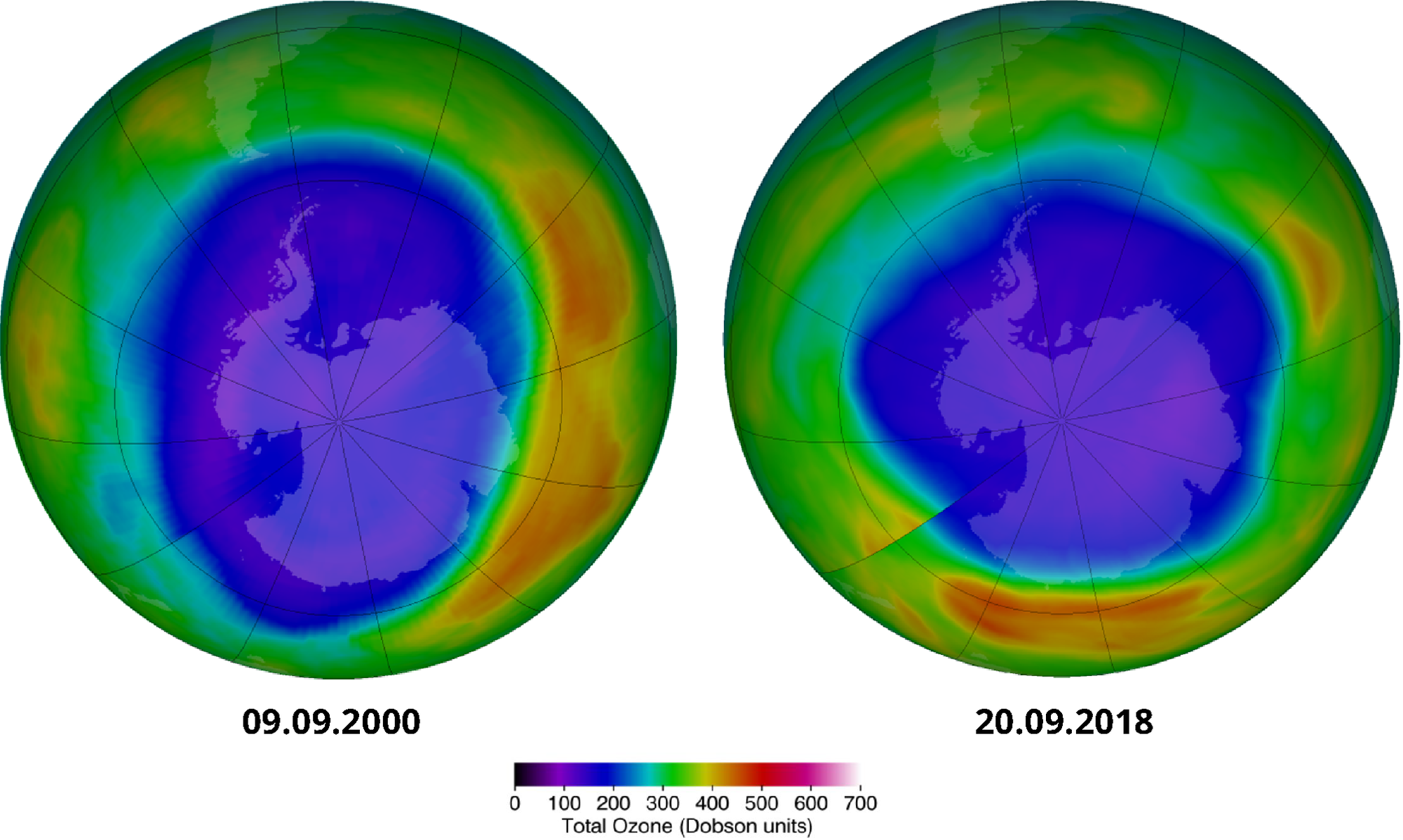 Maximum ozone hole area over the southern hemisphere, historically (9  September 2000) and currently (20 September 2018) — European Environment  Agency