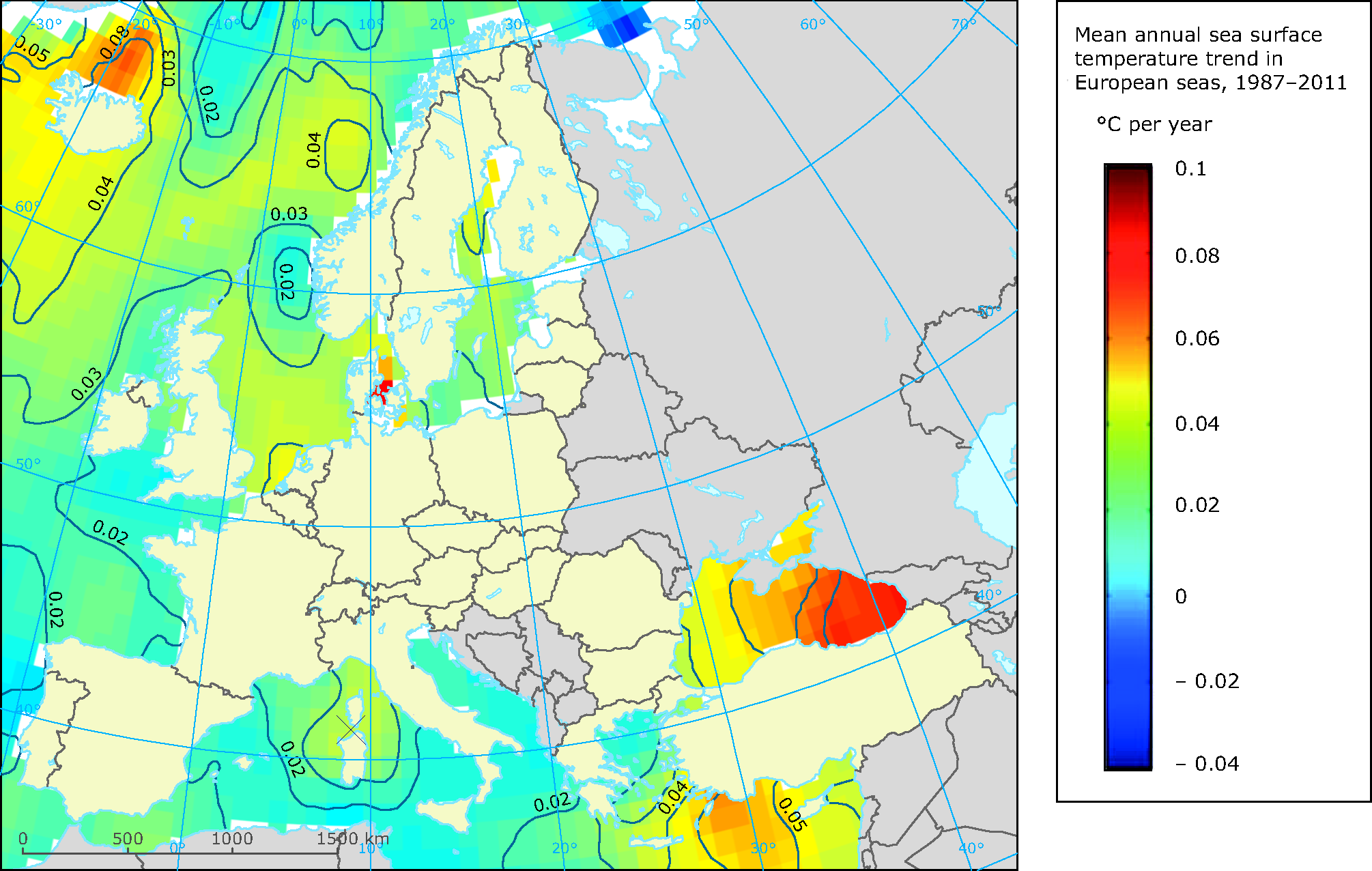 Mean annual sea surface temperature trend in European seas