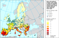 Mean soil sealing in Europe's cities (UMZ) in 2006 and modelled change of number of tropical nights (Tmin > 20 °C) during summer between 1961–1990 and 2010–2040 indicating higher risks of heat waves