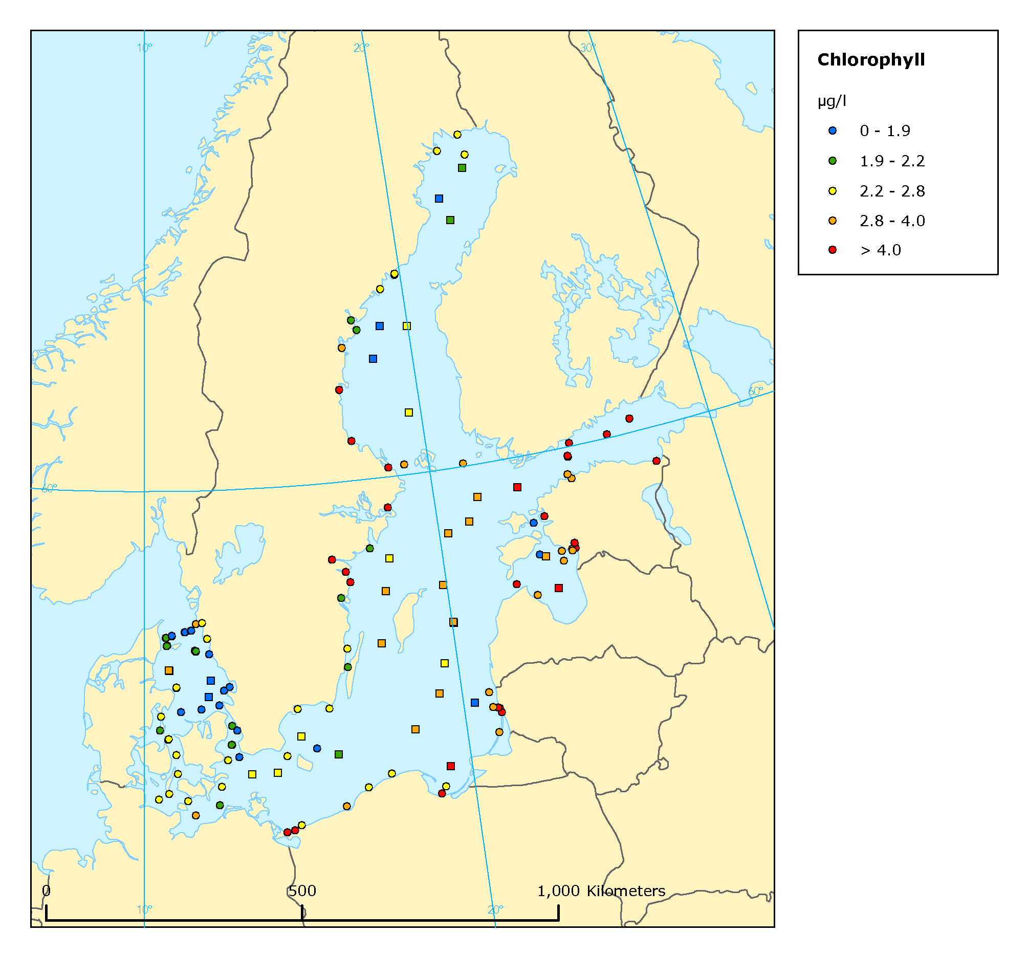 Mean summer surface concentrations of chlorophyll a in the Baltic Sea Area, 2003
