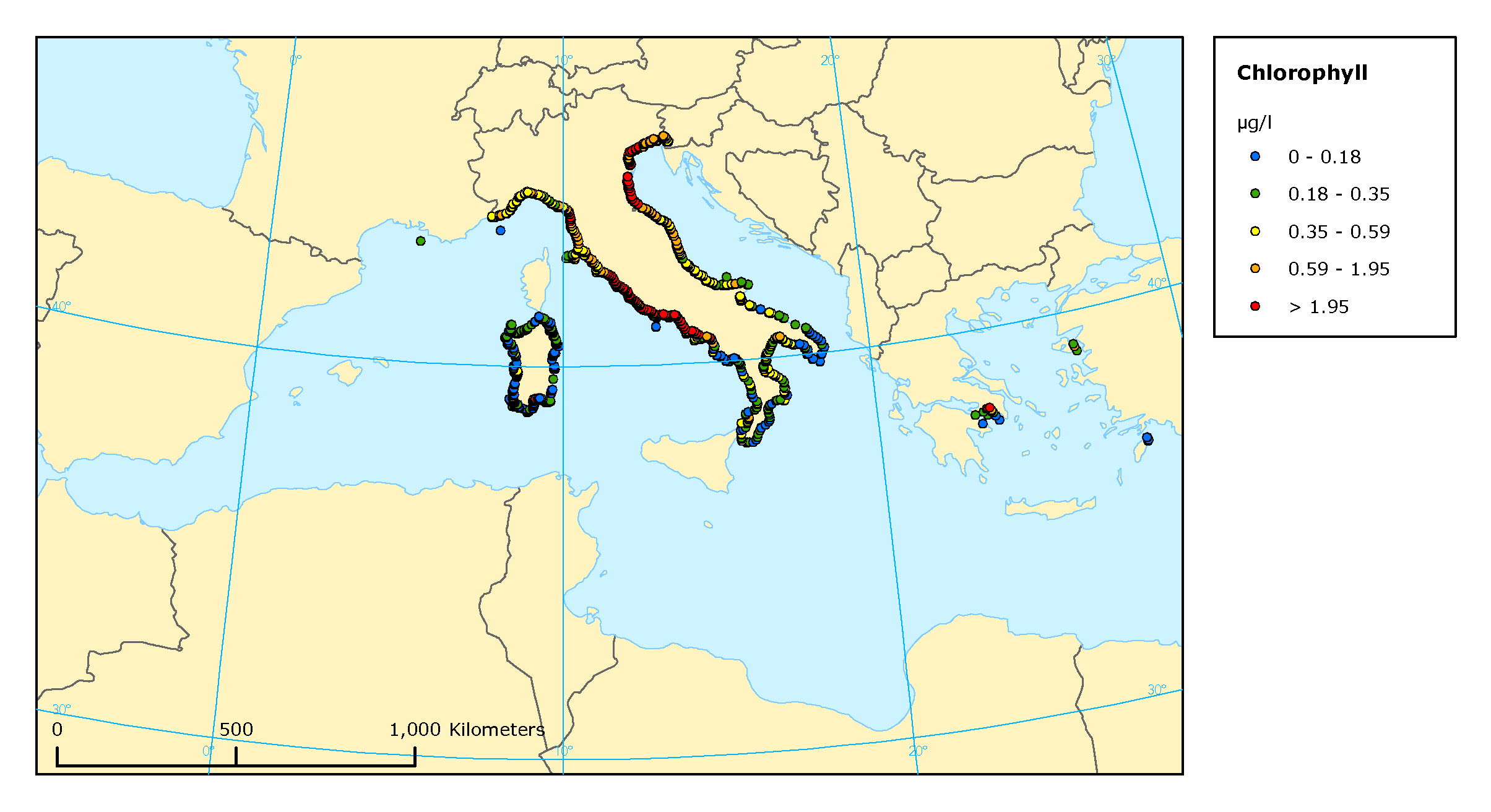 Mean summer surface concentrations of chlorophyll a in the Mediterranean Sea, 2003