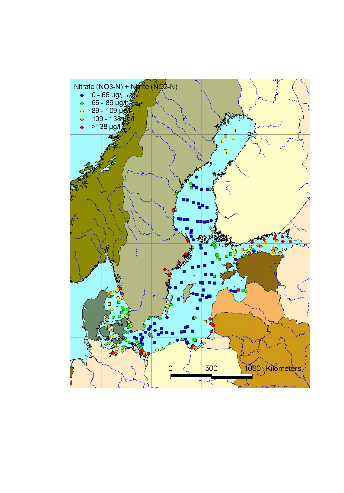 Mean winter surface concentrations of nitrate+nitrite in the Baltic Sea Area, 2003