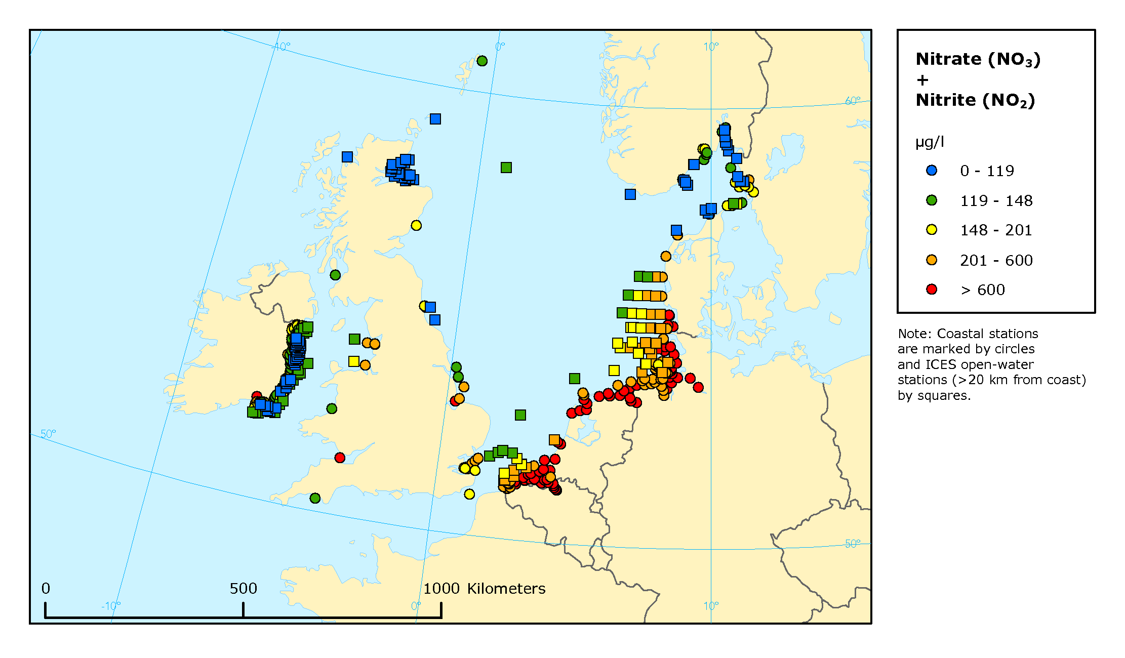 Mean winter surface concentrations of nitrate+nitrite in the Greater North Sea, the Celtic Seas and the Northeast Atlantic, 2003