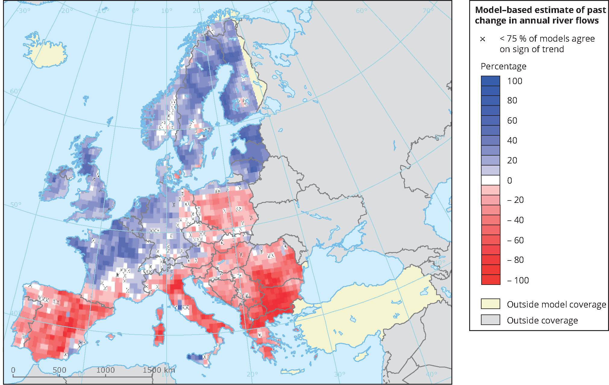 Model-based estimate of past change in annual river flows