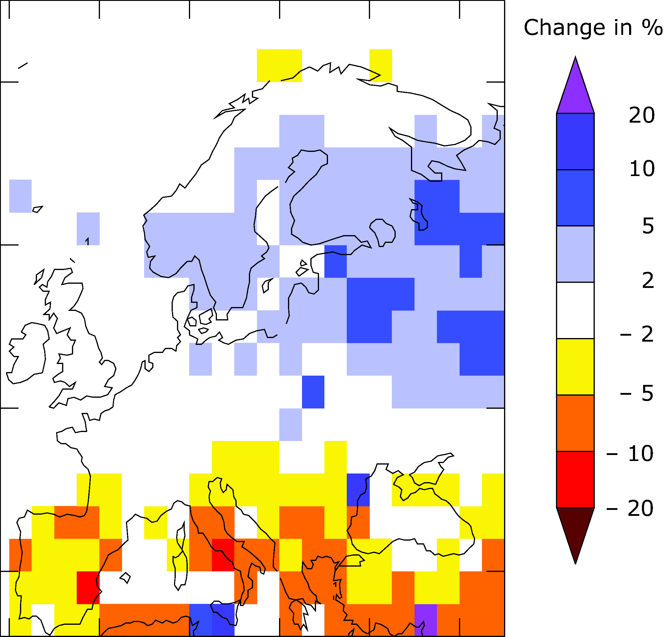 Modelled change in annual river flow between 1971-1998 and 1900-1970
