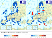Modelled number of people flooded across Europe's coastal areas in 1961-1990 and in the 2080s