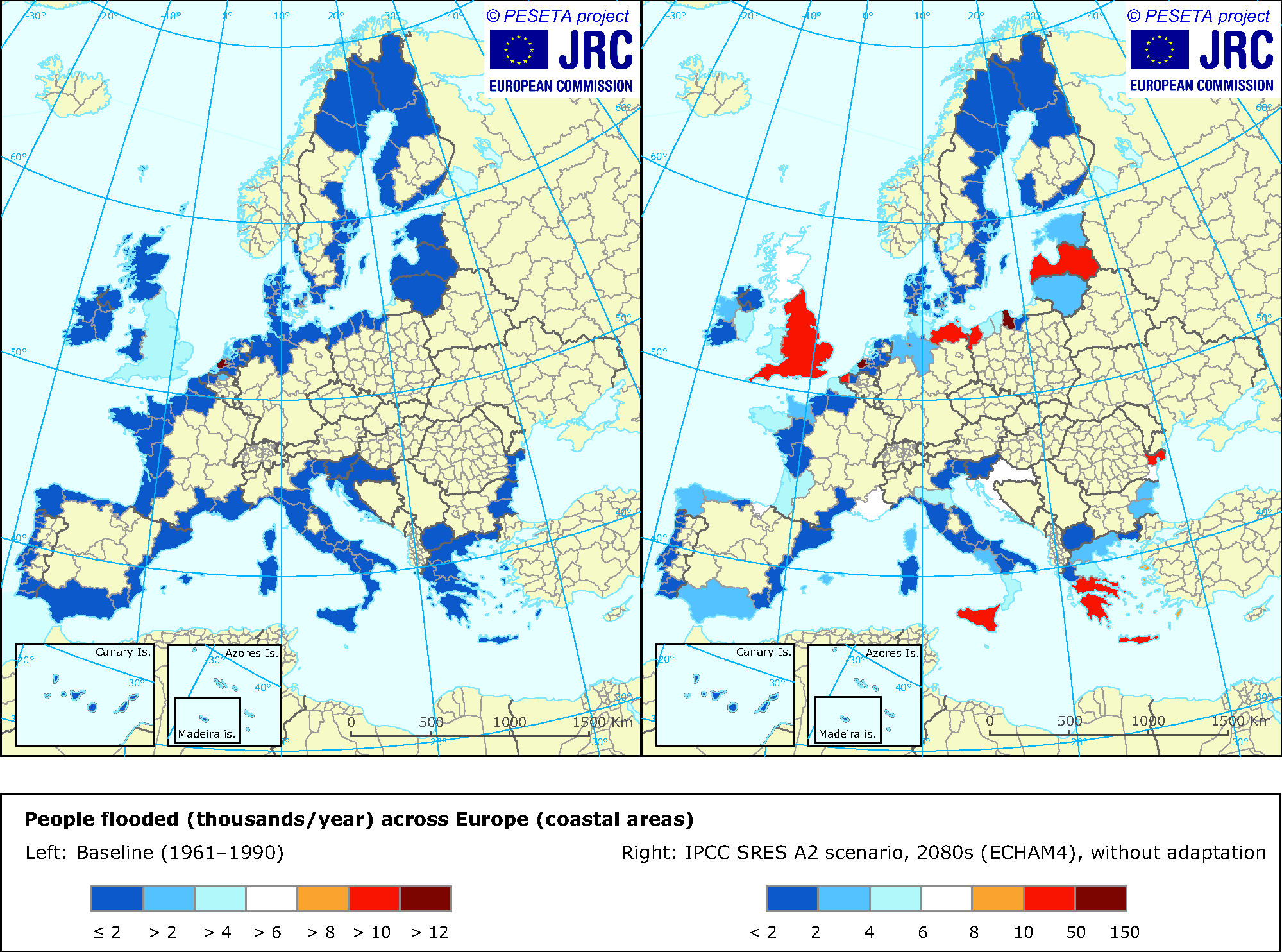 Modelled number of people flooded across Europe's coastal areas in 1961-1990 and in the 2080s