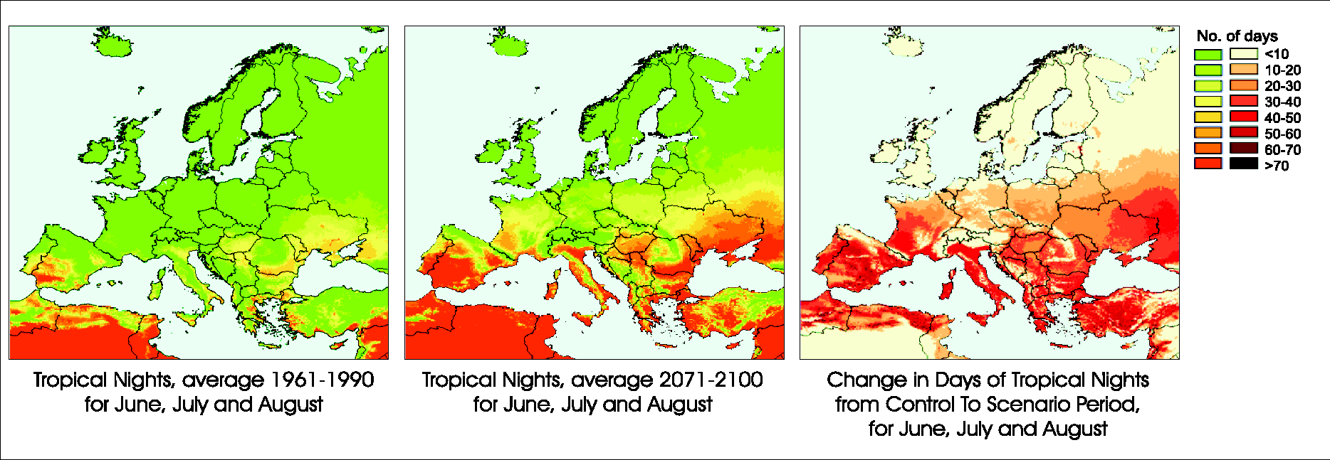 Modelled number of tropical nights over Europe during summer (June-August) 1961-1990 and 2071-2100