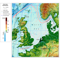 North Sea physiography (depth distribution and main currents)