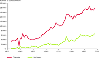 Number of culled Chamois (Rupicapra rupicapra) and Red deer (Cervus elaphus) in the Swiss Alps and Jura mountains