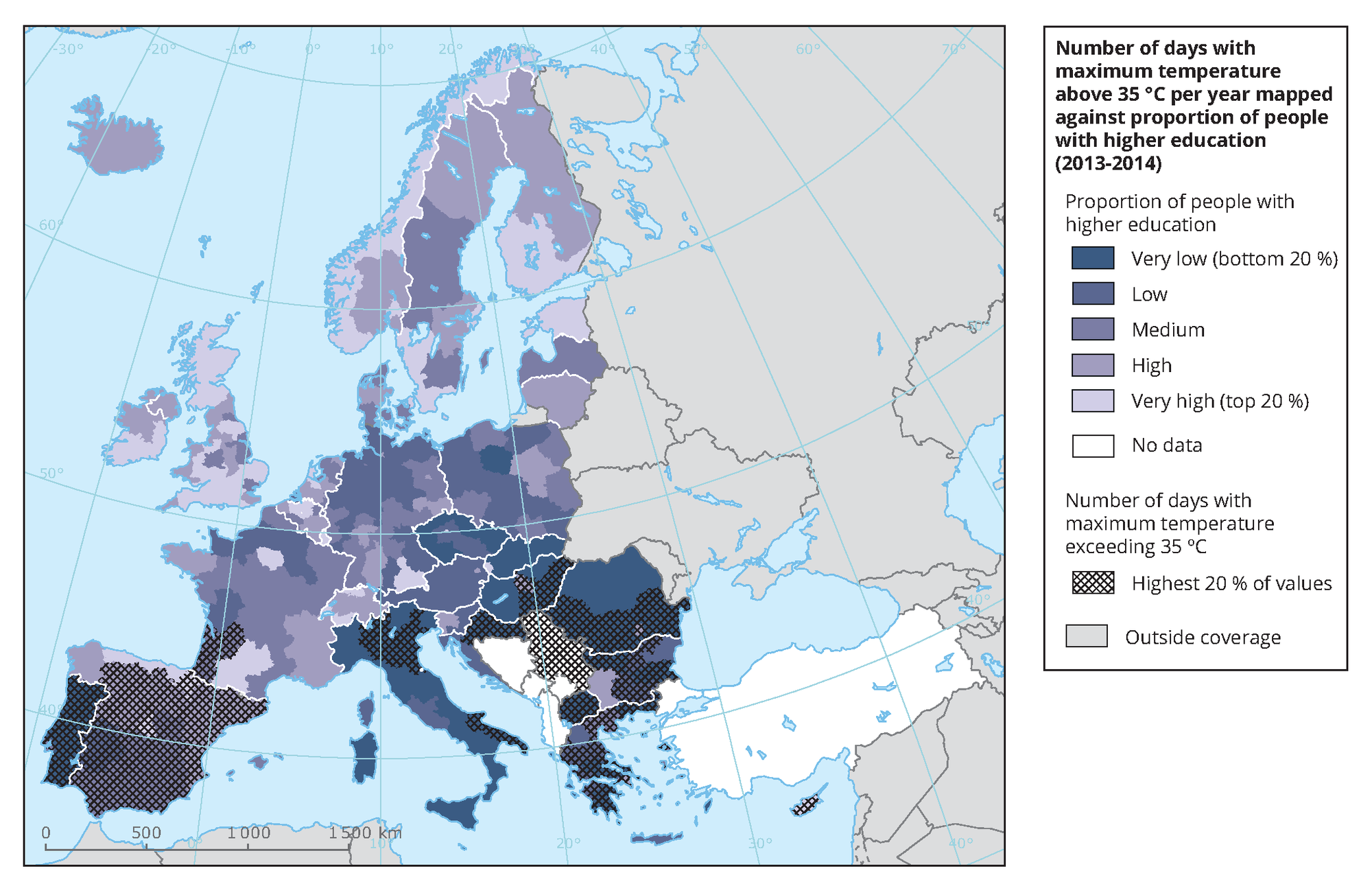 number of days with maximum temperature above 35 c per year mapped against proportion of people with higher education 2013 2014 european environment agency