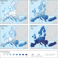 Number of extreme heat waves in future climates under two different climate forcing scenarios