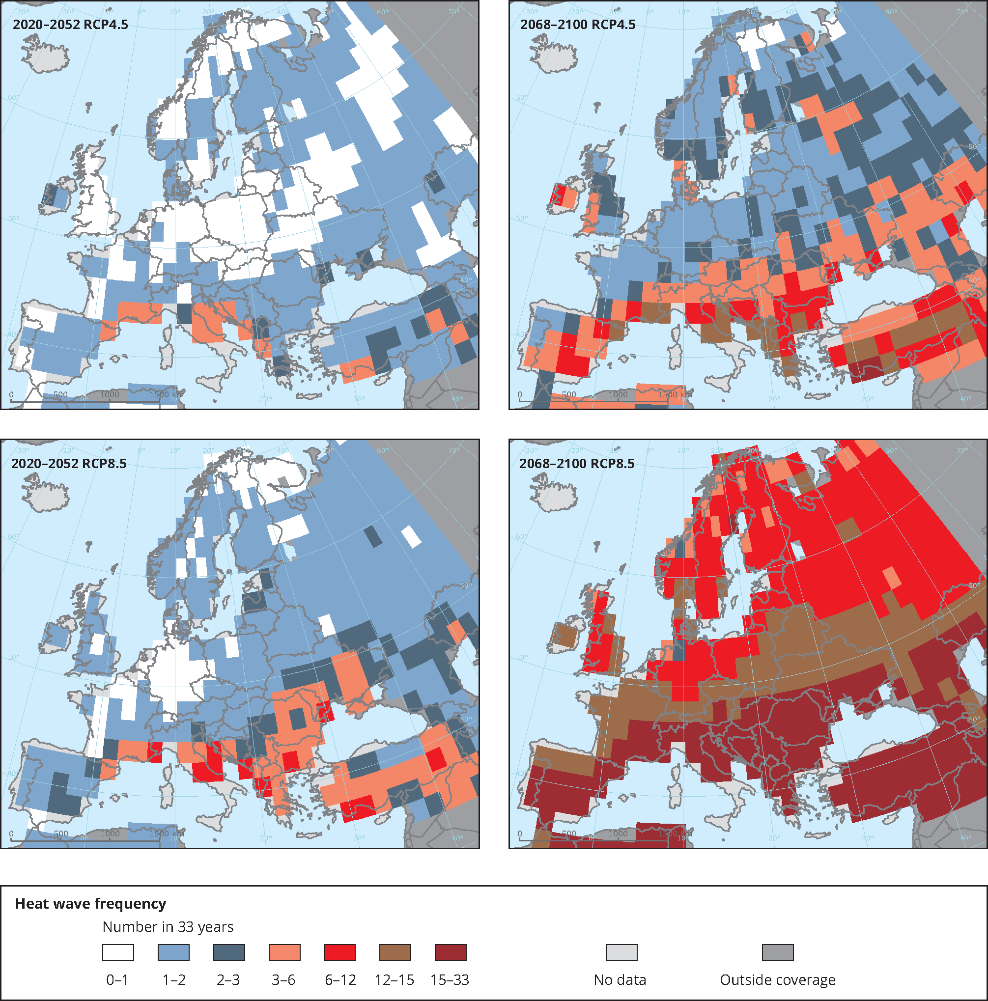 Number of extreme heat waves in future climates under two different climate forcing scenarios