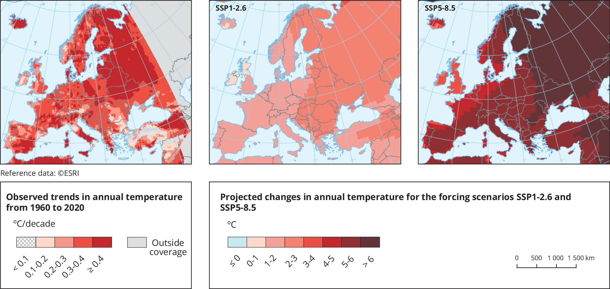 Observed annual mean temperature trend from 1960 to 2020 (left panel) and projected 21st century temperature change under different SSP scenarios (right panels) in Europe