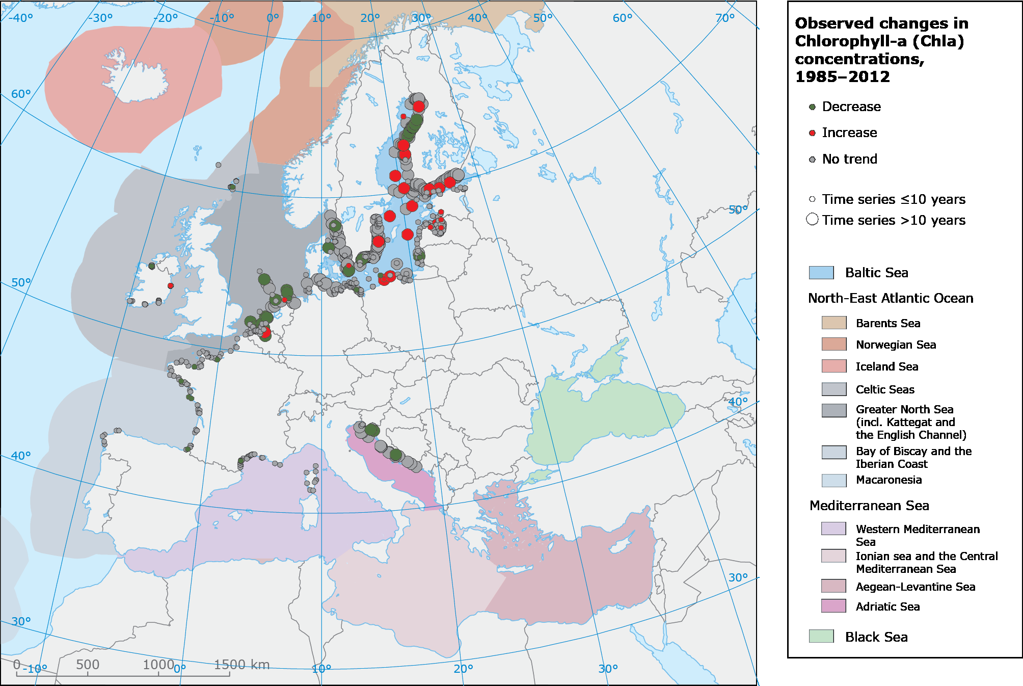 Trends per station in chlorophyll-a concentrations in European seas