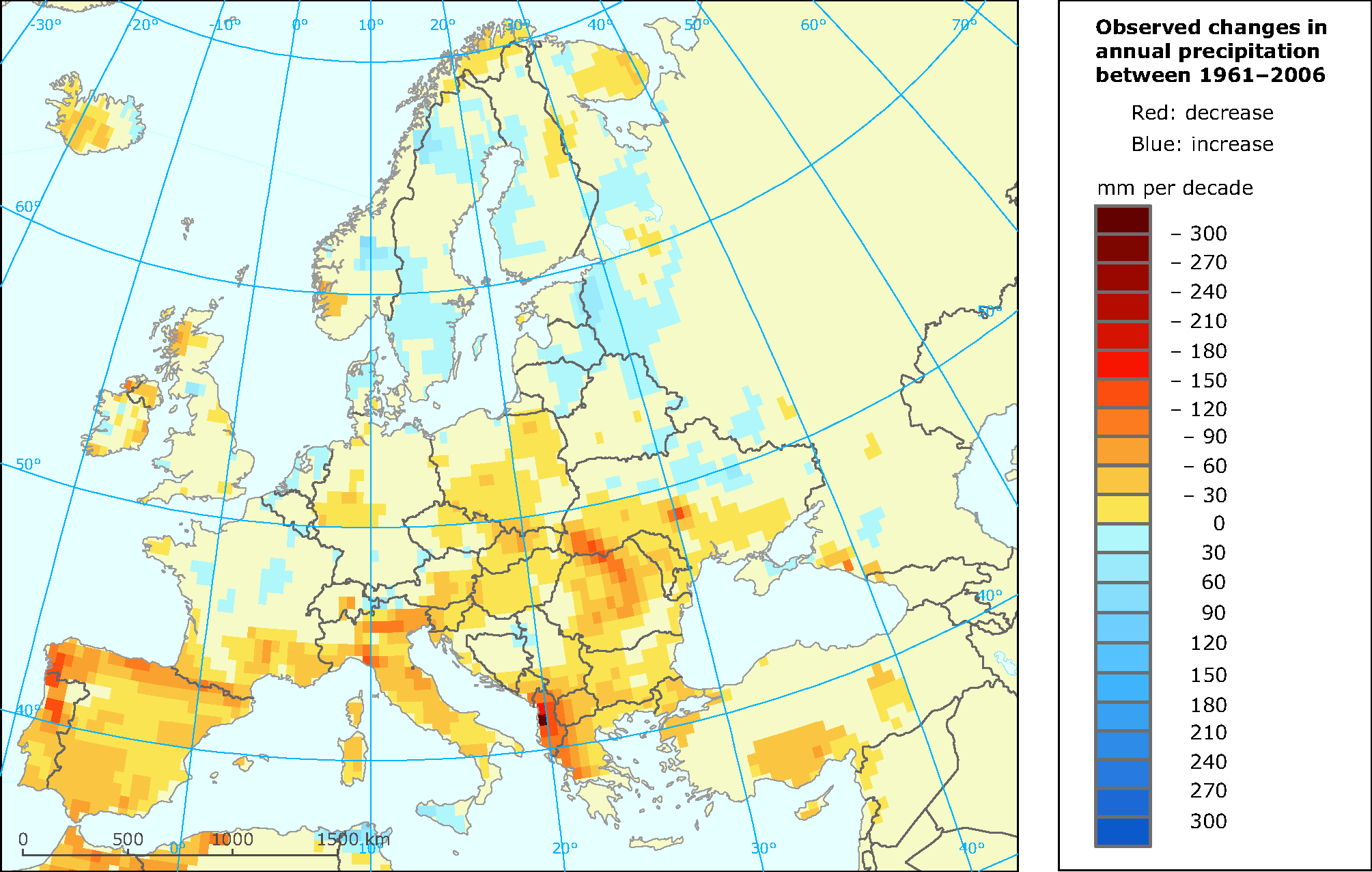 Trends in annual precipitation across Europe between Jan 1960 and Jan 2012