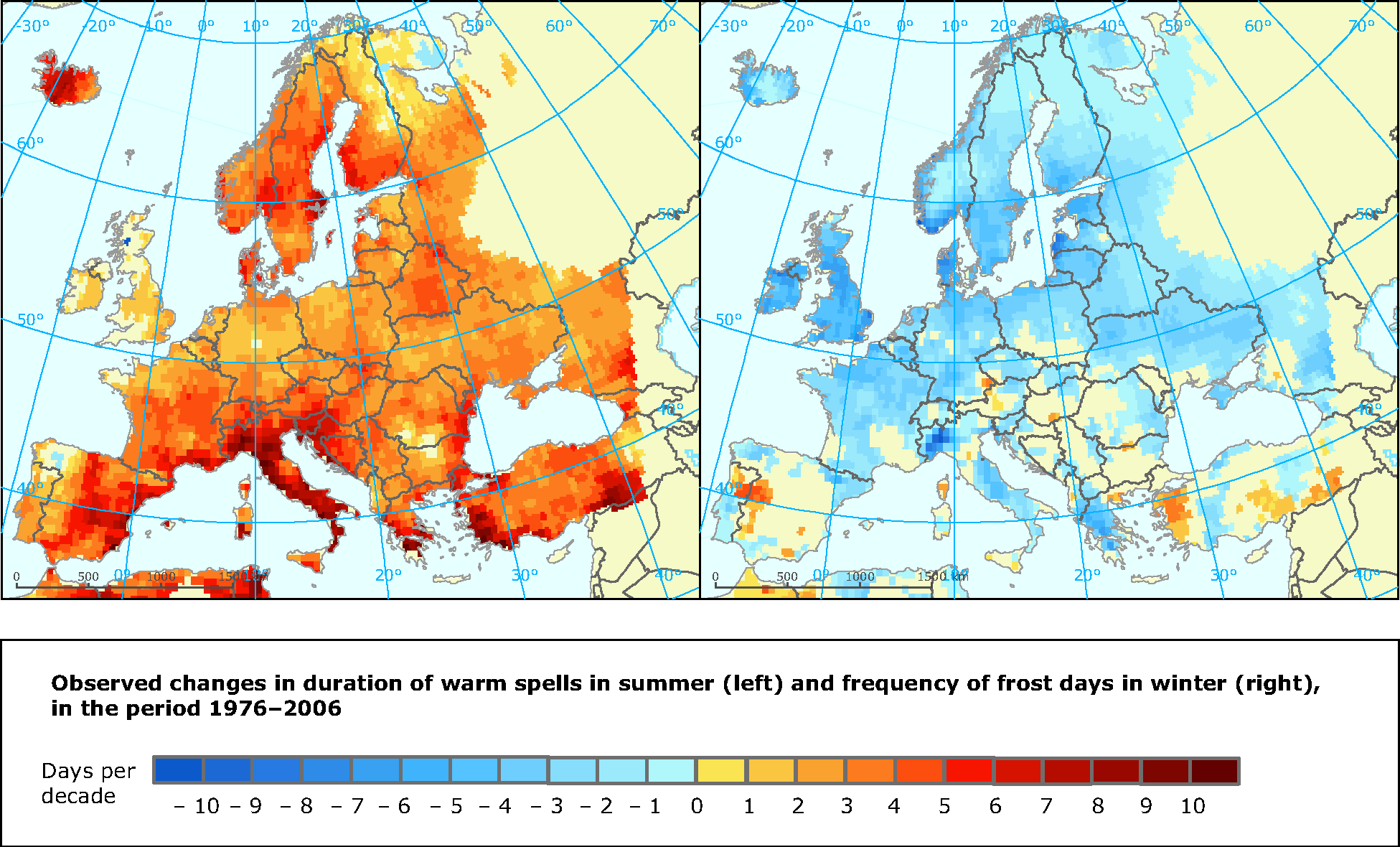 Observed changes in warm spells and frost days indices 1976-2006