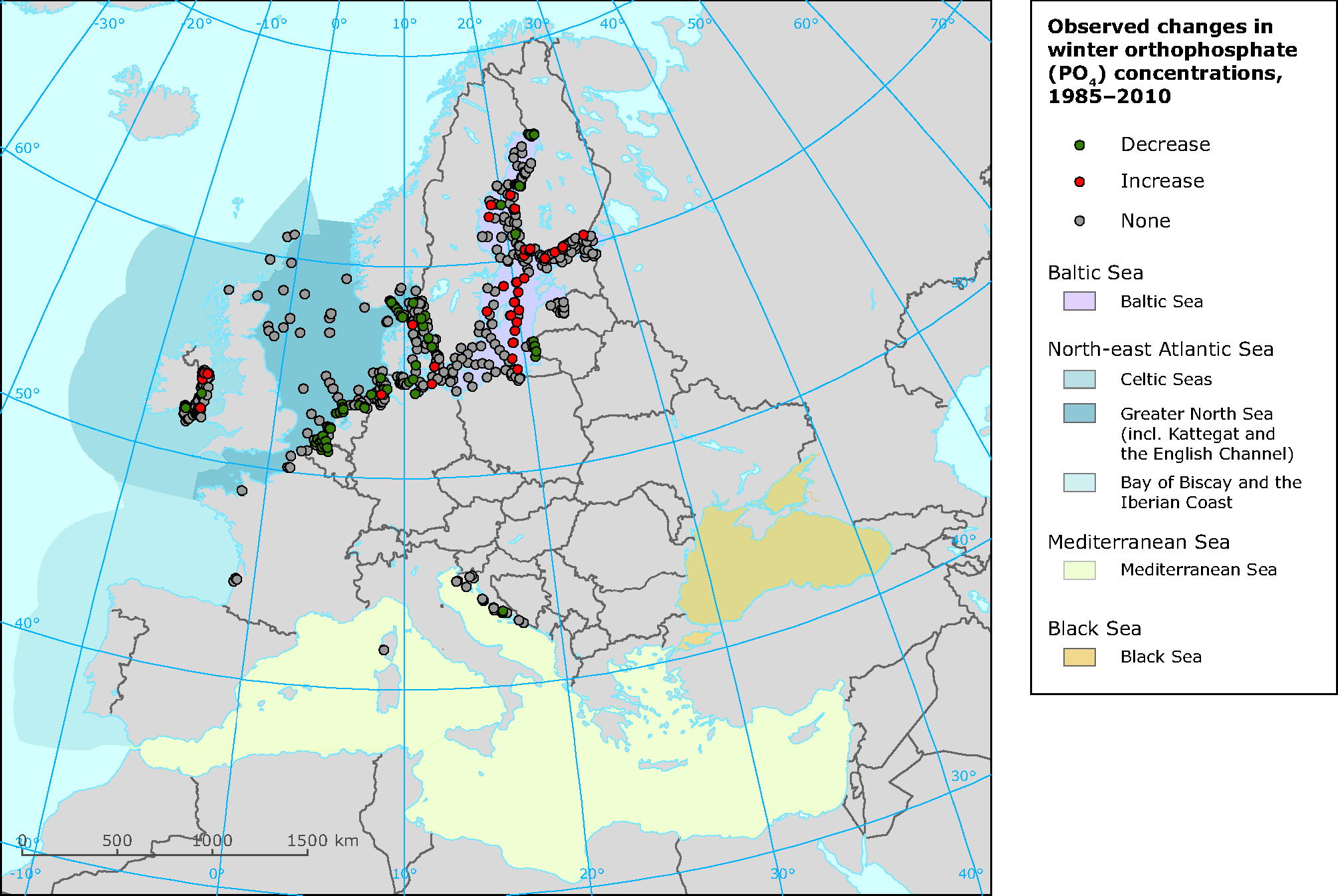 Observed changes in winter orthophosphate (PO4) concentrations, 1985–2010