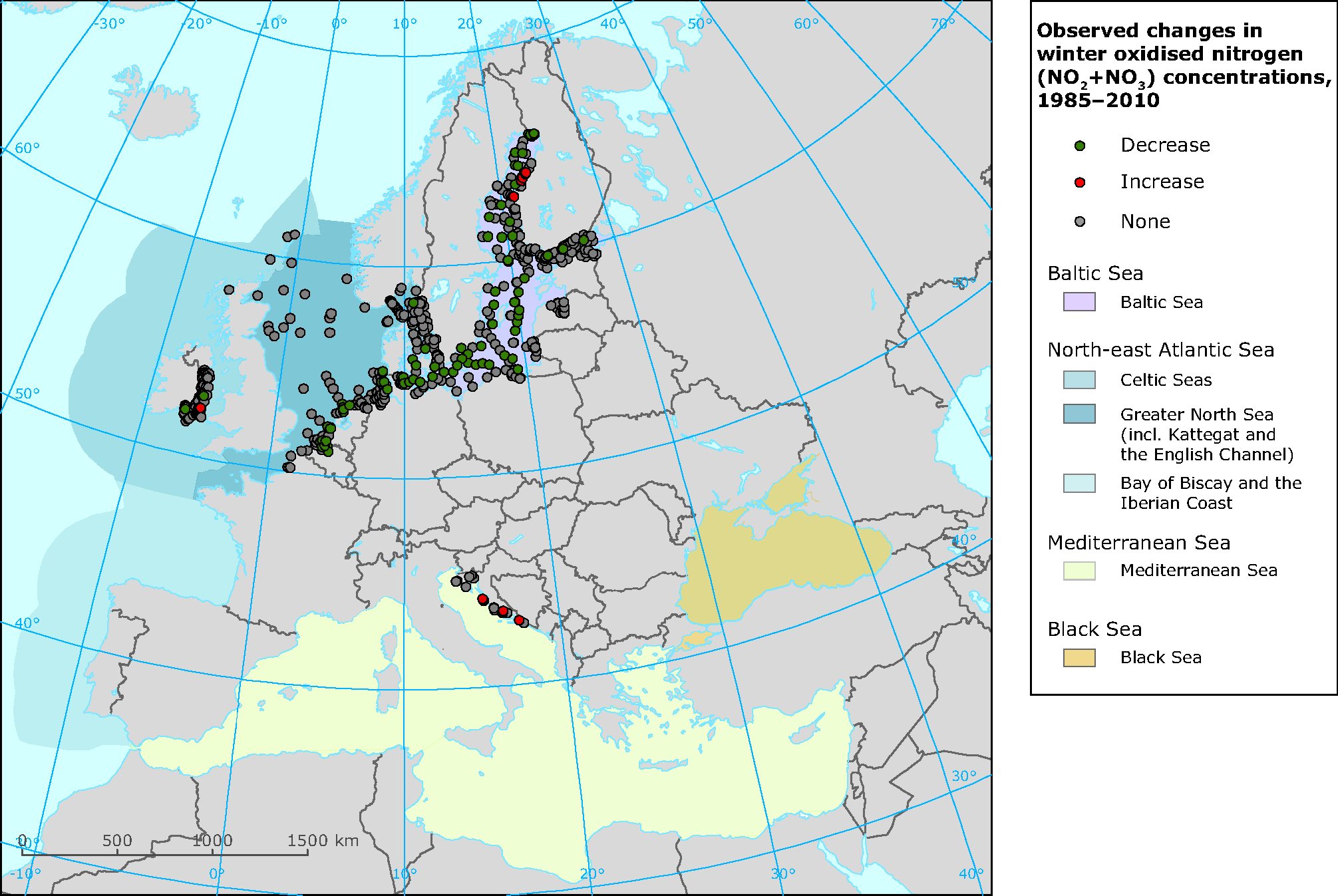 Observed changes in winter oxidised nitrogen (NO2 and NO3) concentrations, 1985–2010