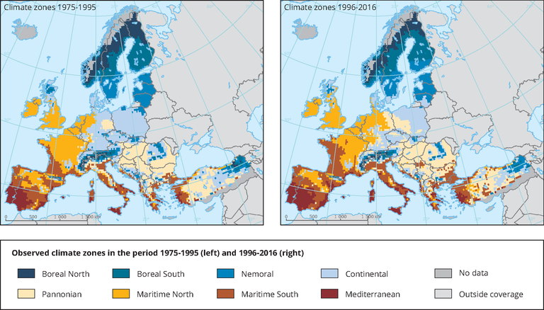 Observed climate zones in the period 1975-1995 (left) and 1996