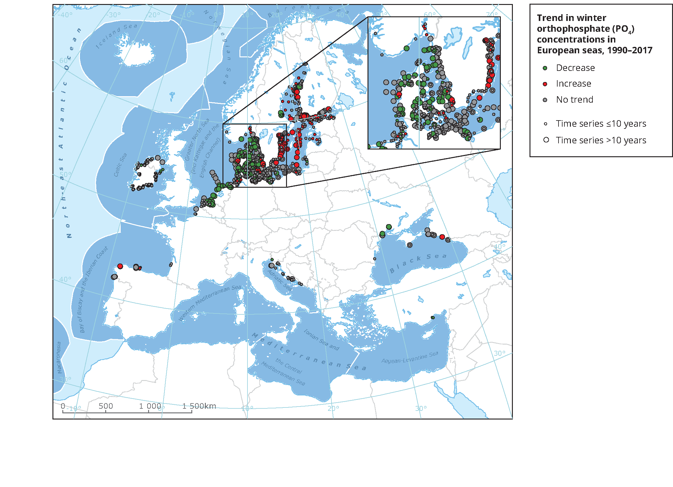 Trends in winter mean orthophosphate concentrations in European seas