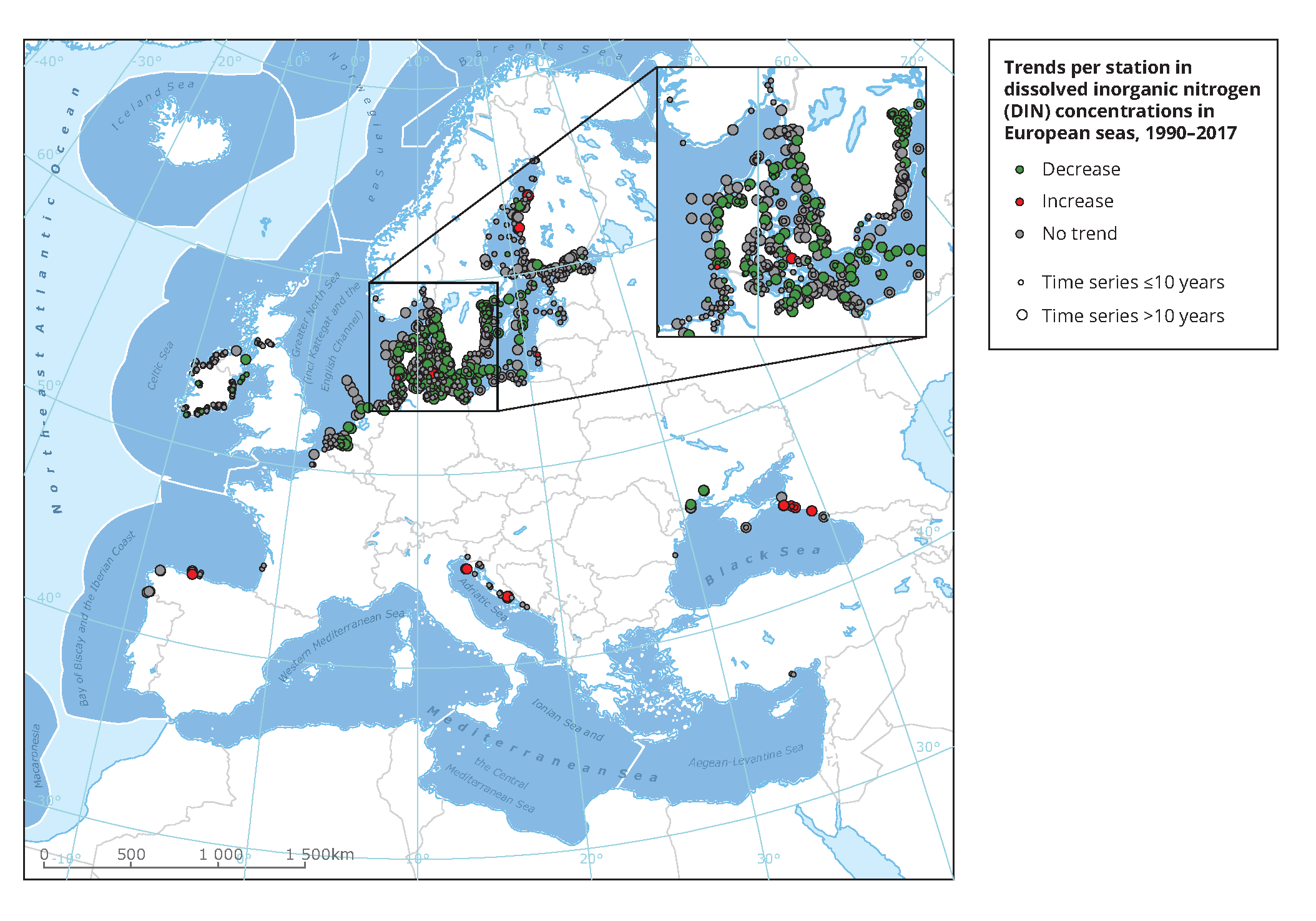 Trends in winter mean dissolved inorganic nitrogen concentrations in European seass