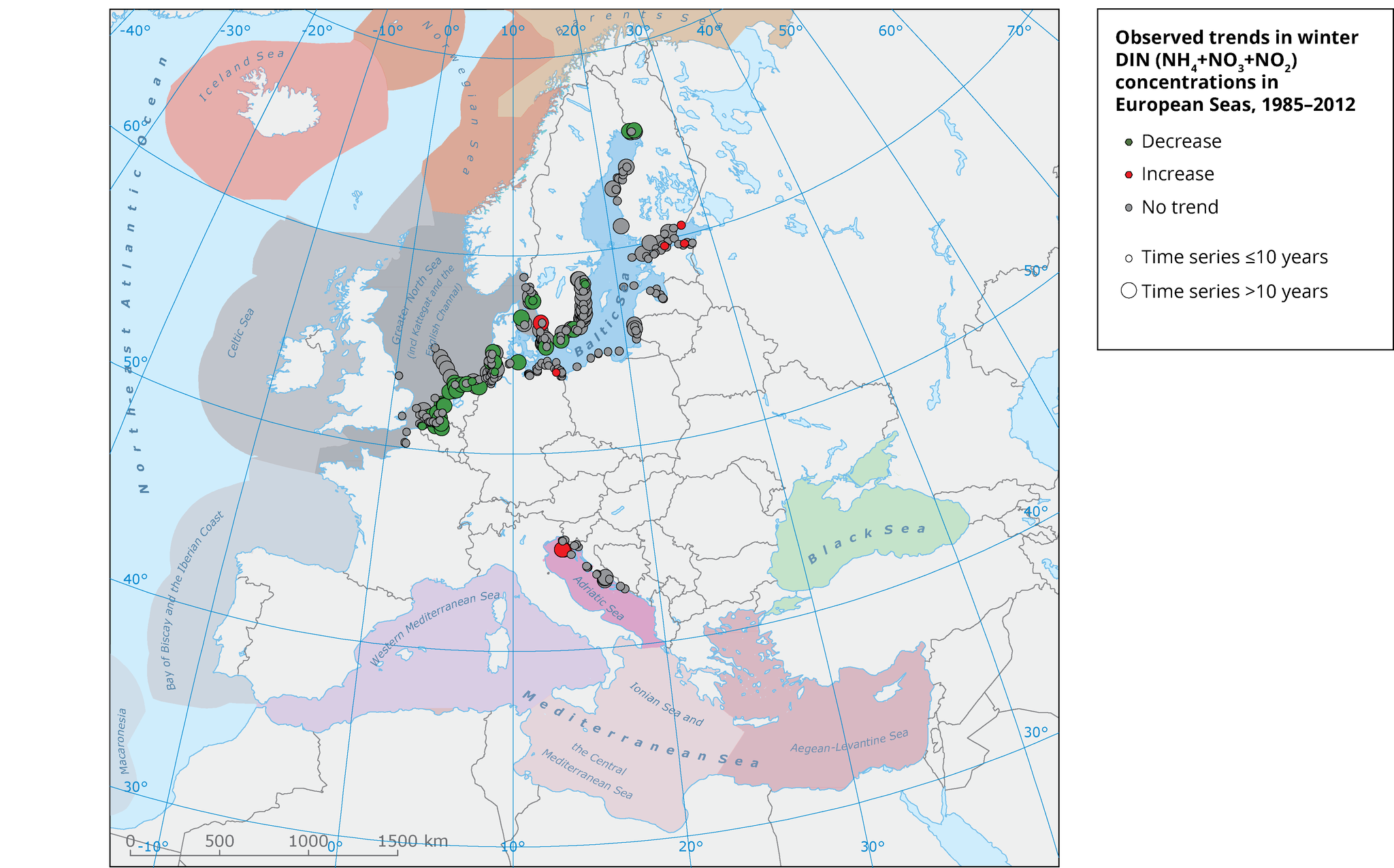 Trends per station in dissolved inorganic nitrogen concentrations in European seas