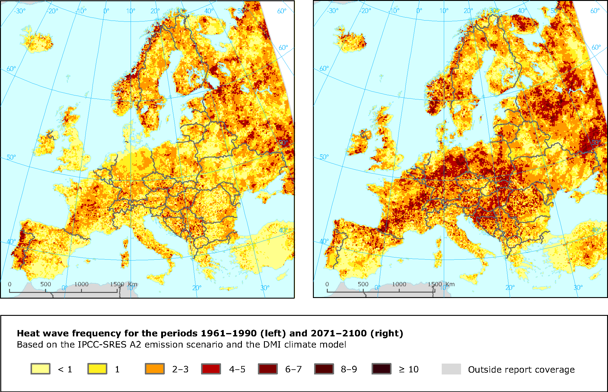 Occurrence of heat wave events with a duration of 7 days (left: 1961-1990 average; right: 2071-2100 average)