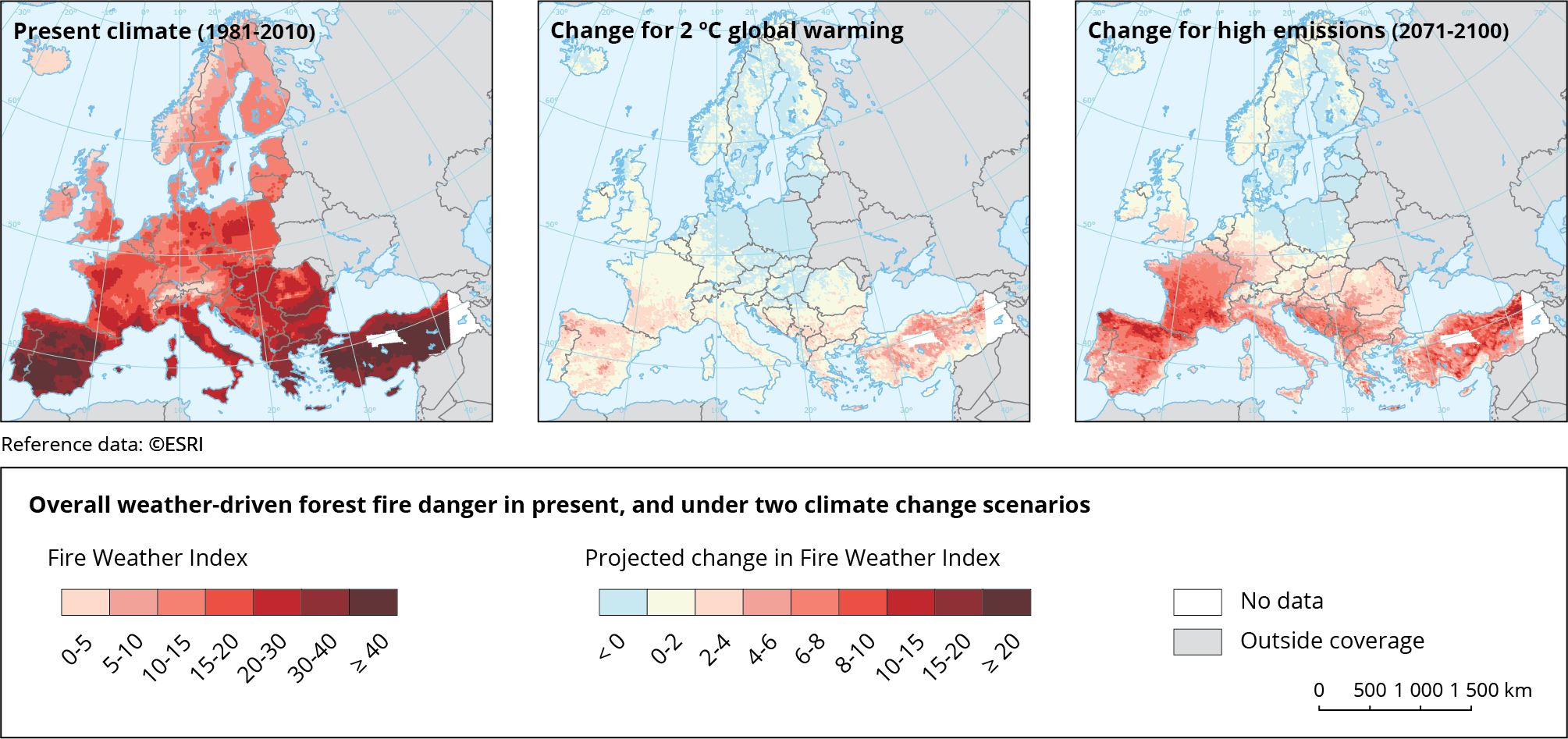 Overall weather-driven forest fire danger in the present, and under two climate change scenarios